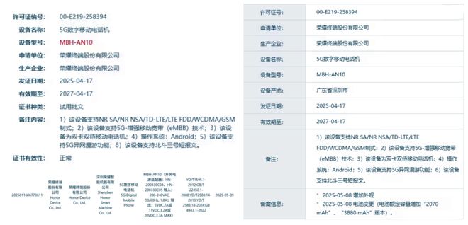 66W有线快充+北斗功能三证也已齐全开元棋牌app荣耀神秘新机突然入网：(图2)